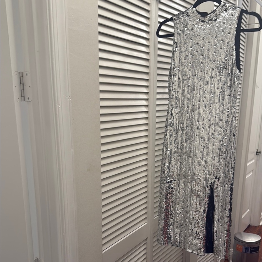 Alice + Olivia Silver Sequin Halter Midi Dress